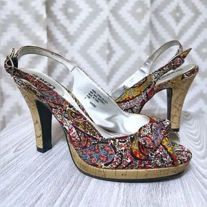 Bongo paisley and floral strappy cork heels, Size 8